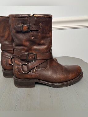Frye Brown Moto Leather Boots with Dark Brown Trim. Side zip. Buttery Leather!